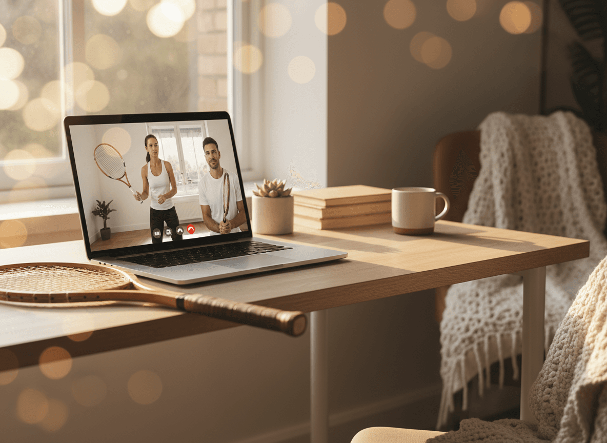 Online tennis lesson on laptop